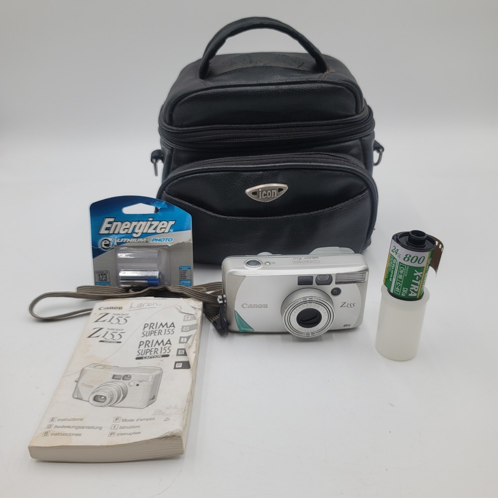Canon Sure Shot Z155 35mm Film Camera 37-155mm Zoom Lens Silver with Icon Bag